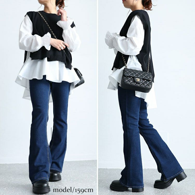 大きいサイズ レディース ストレッチデニムフレアパンツ　tkb-141564107