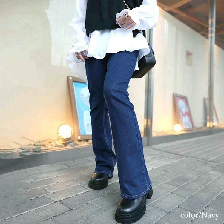 大きいサイズ レディース ストレッチデニムフレアパンツ　tkb-141564107 ネイビー