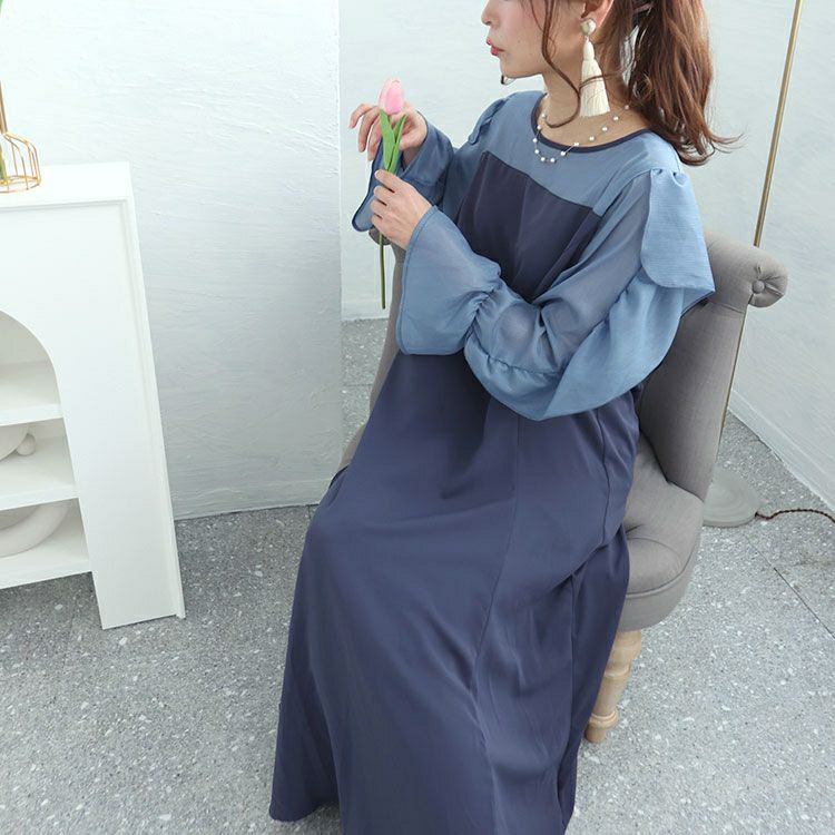 大きいサイズ レディース 袖フリルドッキングワンピース　fem-448