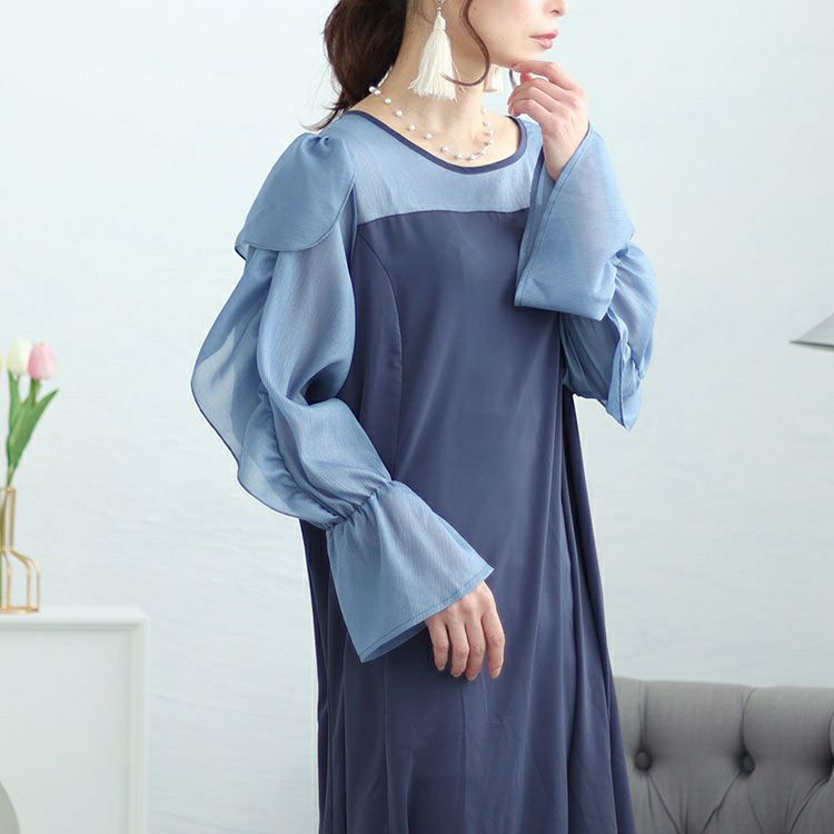 大きいサイズ レディース 袖フリルドッキングワンピース　fem-448