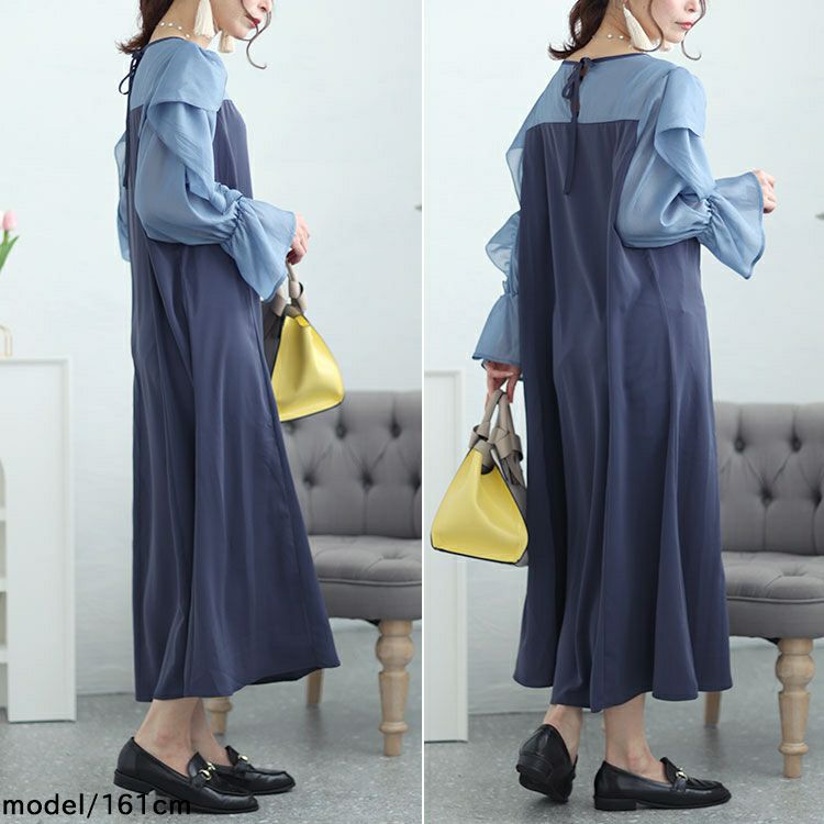 大きいサイズ レディース 袖フリルドッキングワンピース　fem-448