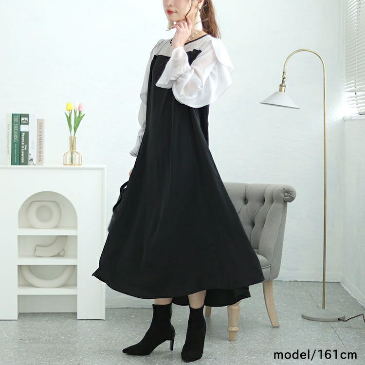 大きいサイズ レディース 袖フリルドッキングワンピース　fem-448