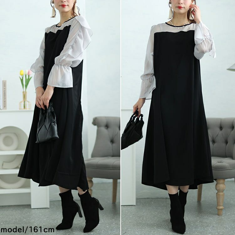 大きいサイズ レディース 袖フリルドッキングワンピース　fem-448