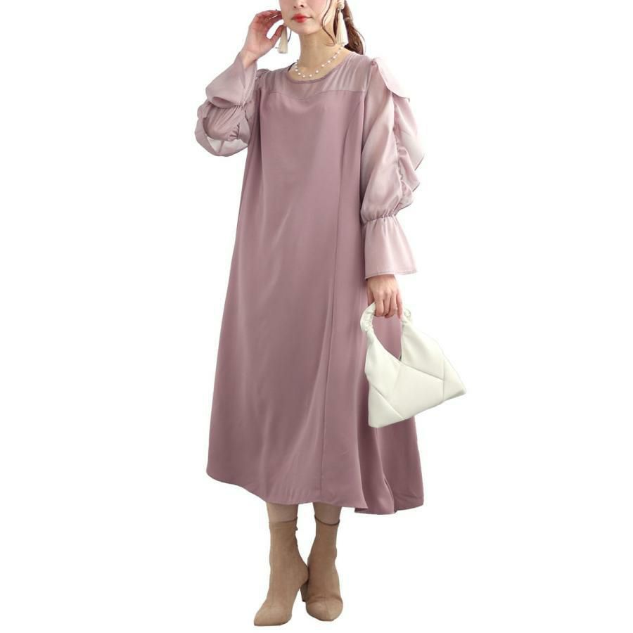 大きいサイズ レディース 袖フリルドッキングワンピース　fem-448 ピンク