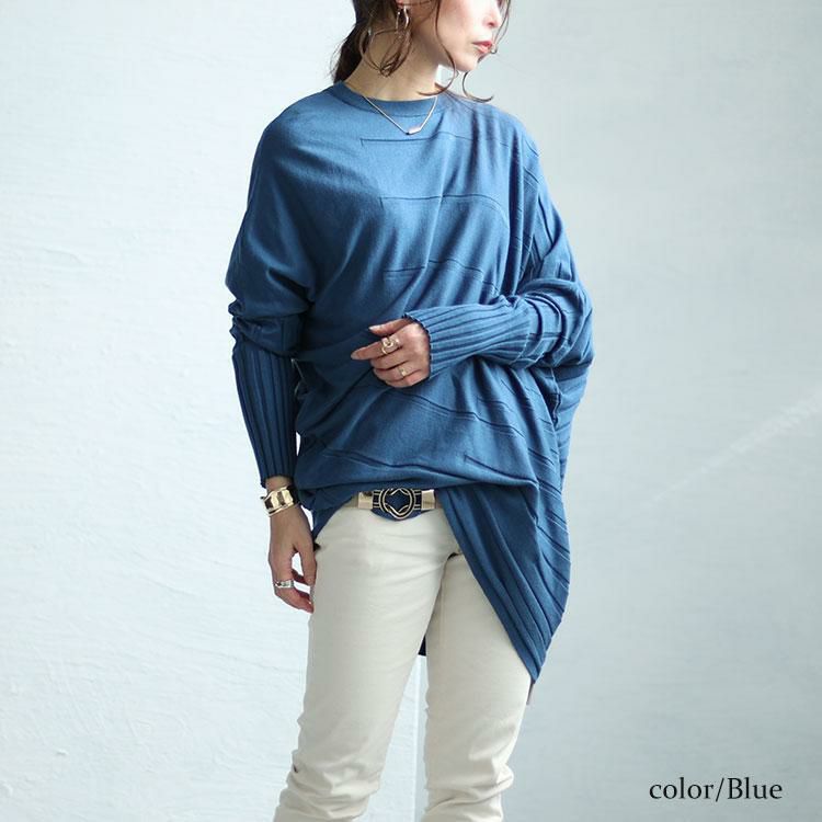 大きいサイズ レディース アシンメトリー変形ドルマンニット　sw-0581 ブルー