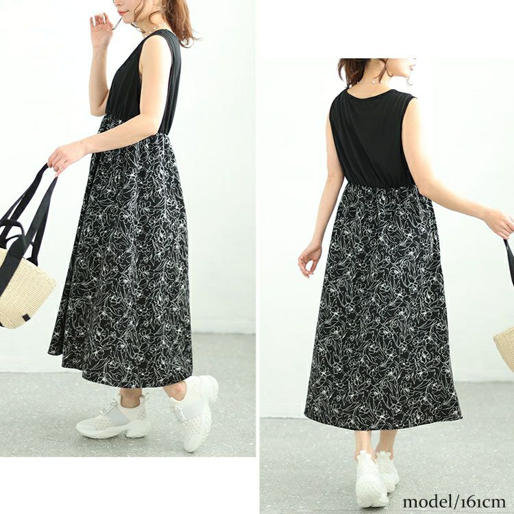 大きいサイズ レディース ニット＆花柄ドッキングワンピースセット　fem-438