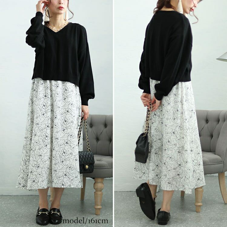 大きいサイズ レディース ニット＆花柄ドッキングワンピースセット　fem-438