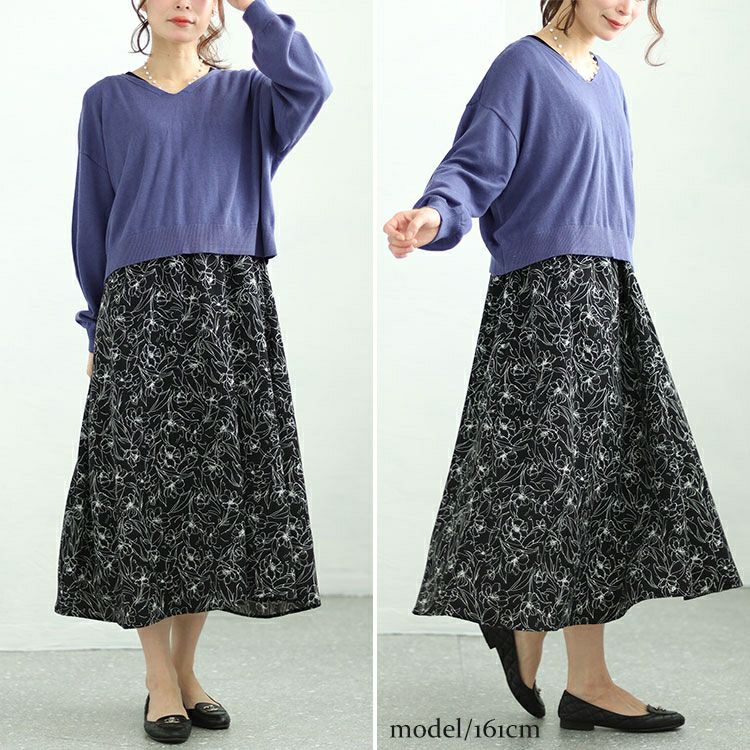 大きいサイズ レディース ニット＆花柄ドッキングワンピースセット　fem-438