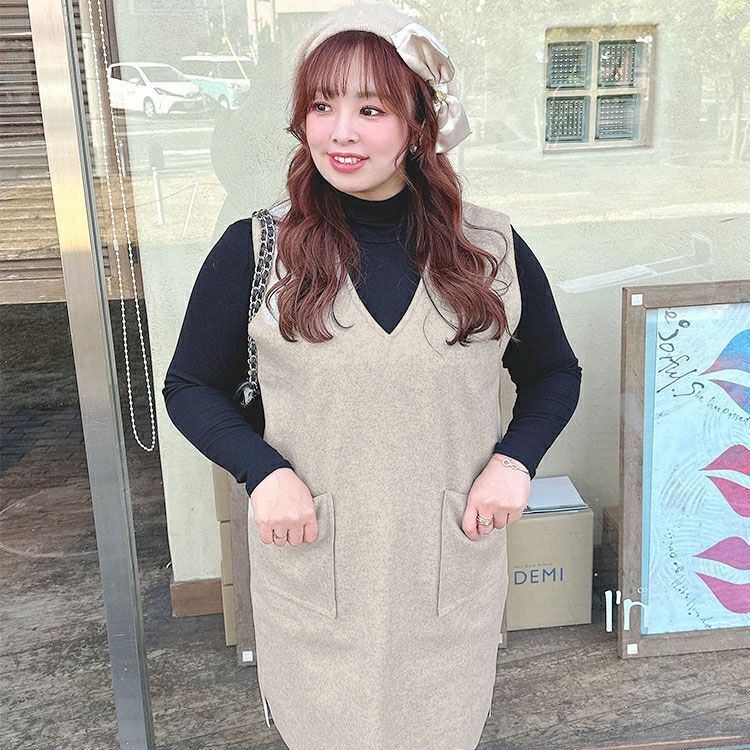 大きいサイズ レディース タートルネックトップス＆ジャンパースカートセット　goldy-1424