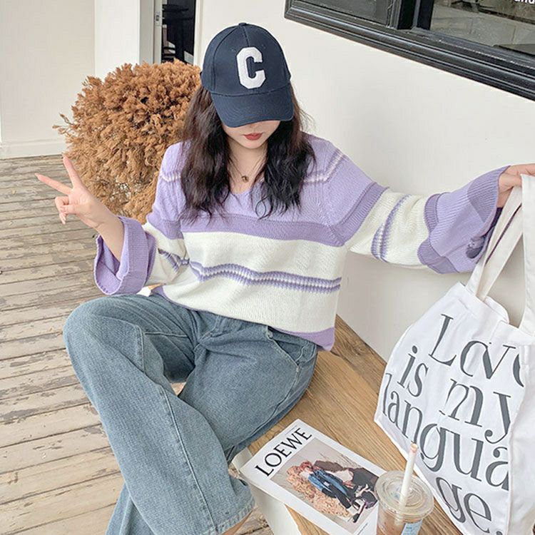 大きいサイズ レディース フレア袖ランダムボーダーニット　goldy-1412