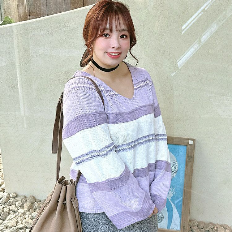 大きいサイズ レディース フレア袖ランダムボーダーニット　goldy-1412