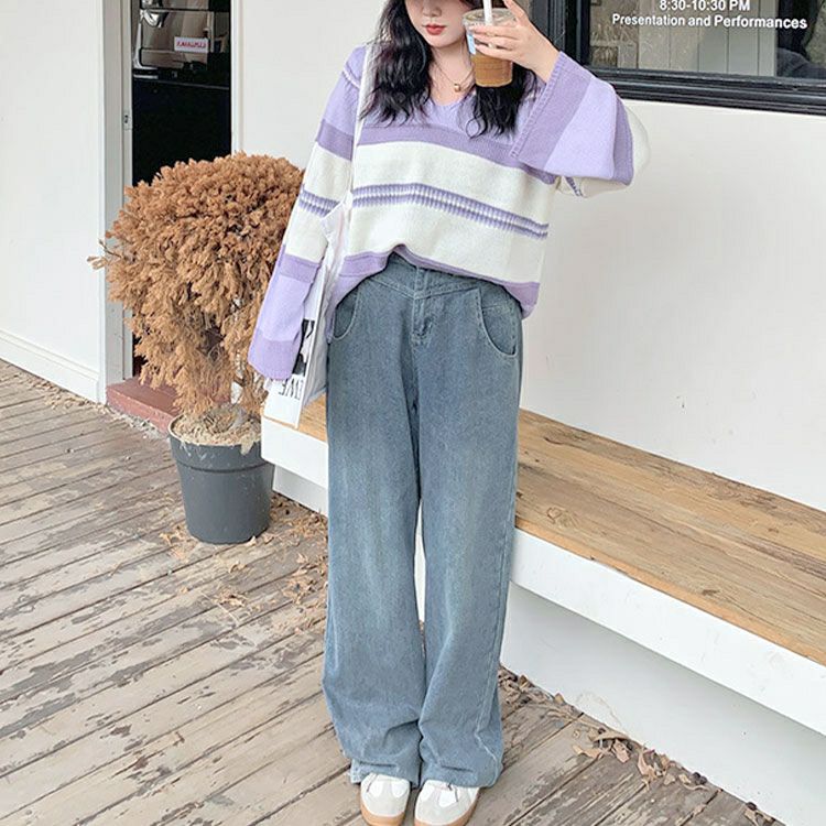 大きいサイズ レディース フレア袖ランダムボーダーニット　goldy-1412