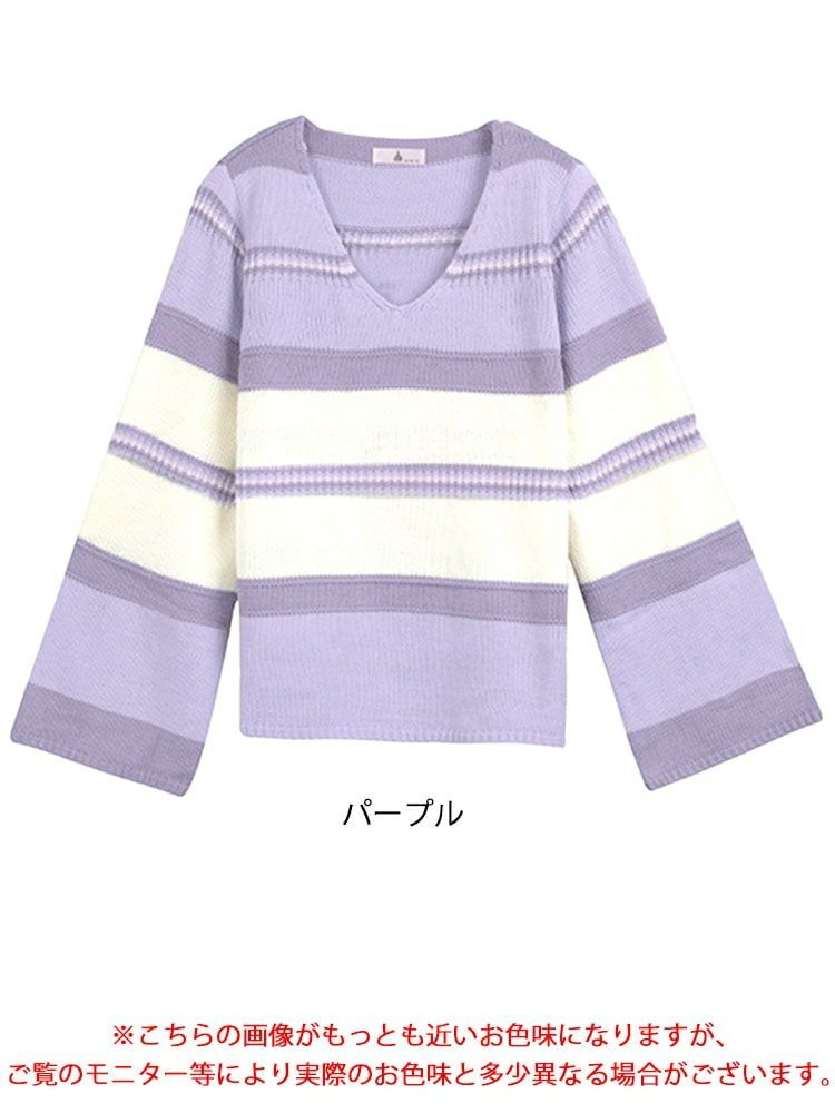 大きいサイズ レディース フレア袖ランダムボーダーニット　goldy-1412
