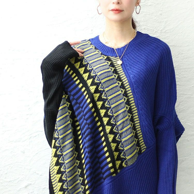 大きいサイズ レディース ジオ柄ジャーガードアシンメトリーニット　sw-0591