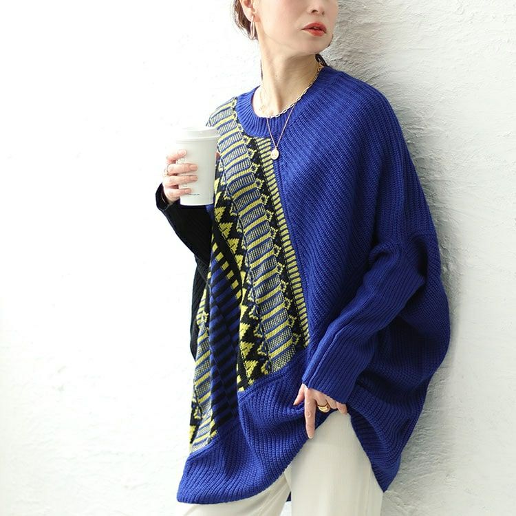 大きいサイズ レディース ジオ柄ジャーガードアシンメトリーニット　sw-0591