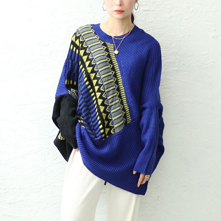 大きいサイズ レディース ジオ柄ジャーガードアシンメトリーニット　sw-0591