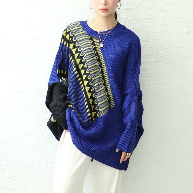 大きいサイズ レディース ジオ柄ジャーガードアシンメトリーニット　sw-0591 ブルー