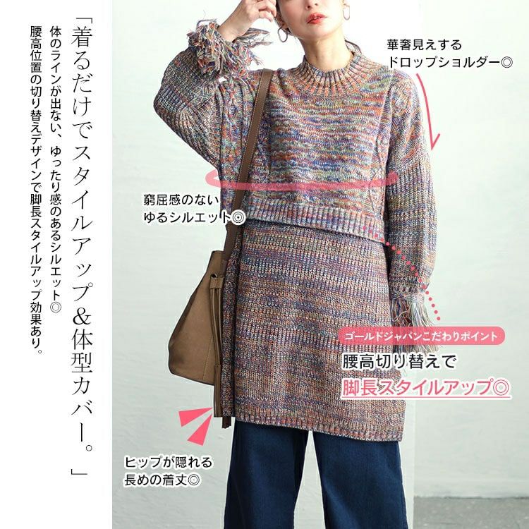 大きいサイズ レディース フリンジ袖メランジチュニックニット　sw-0594