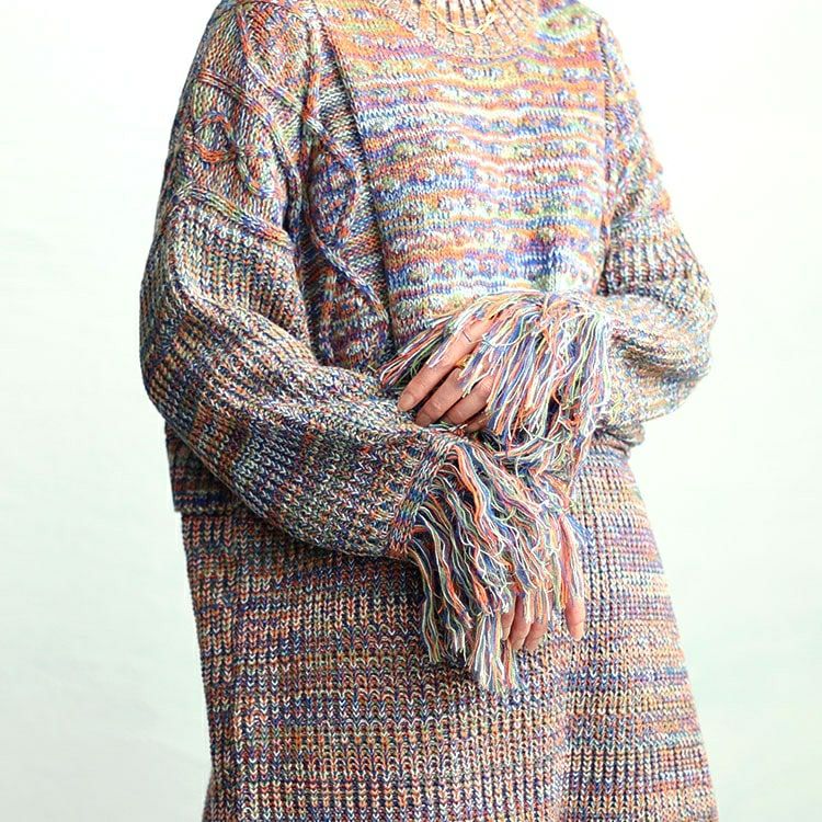 大きいサイズ レディース フリンジ袖メランジチュニックニット　sw-0594