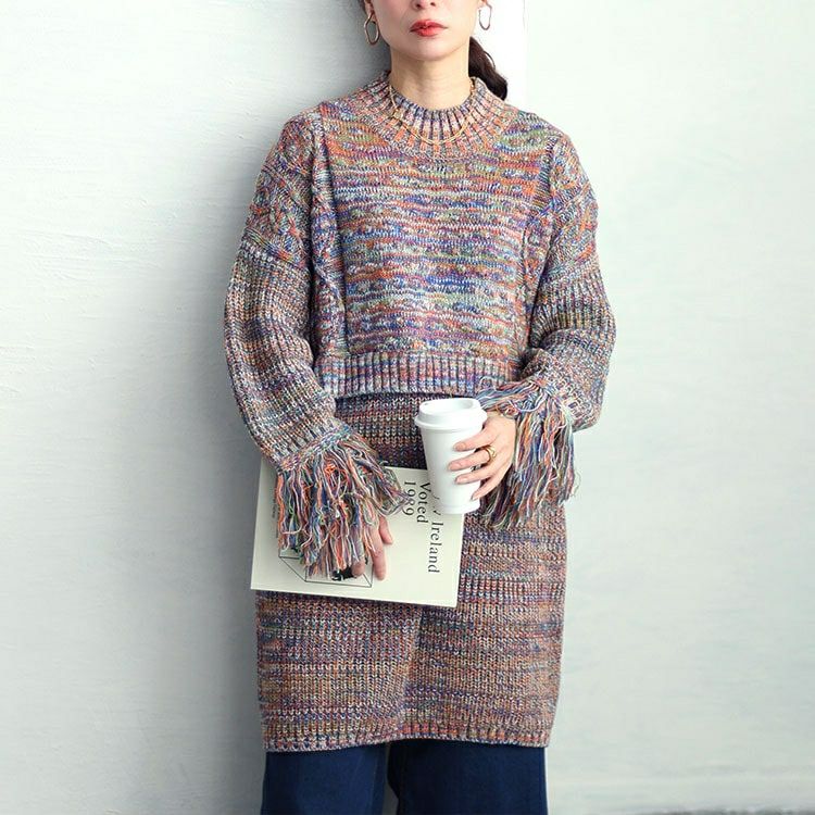 大きいサイズ レディース フリンジ袖メランジチュニックニット　sw-0594