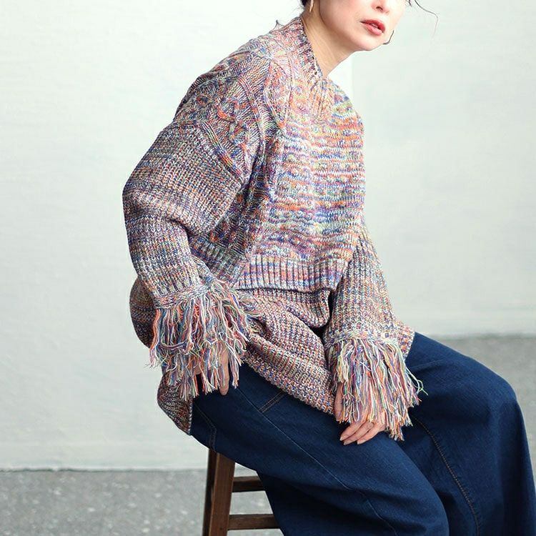 大きいサイズ レディース フリンジ袖メランジチュニックニット　sw-0594