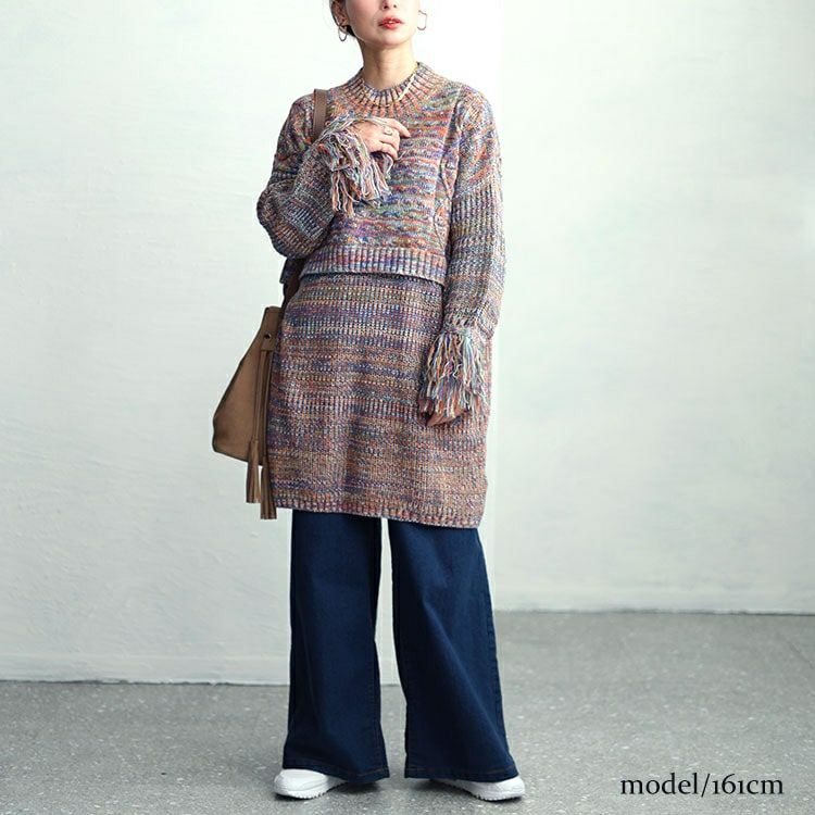 大きいサイズ レディース フリンジ袖メランジチュニックニット　sw-0594