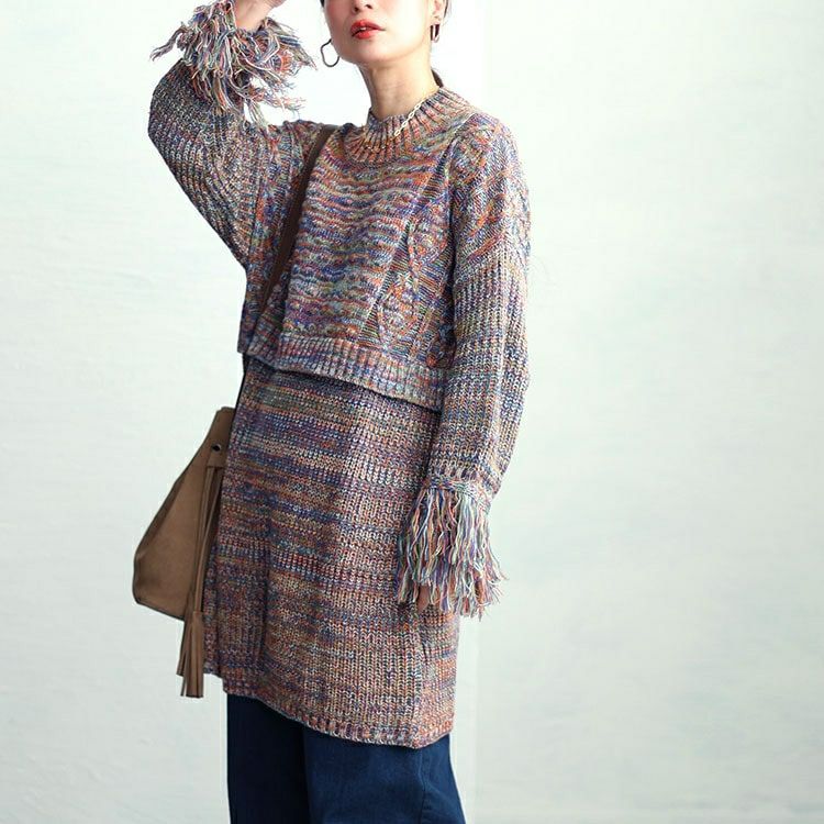 大きいサイズ レディース フリンジ袖メランジチュニックニット　sw-0594