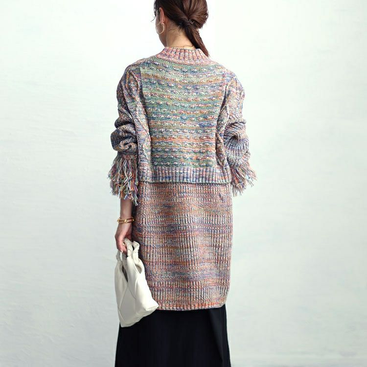 大きいサイズ レディース フリンジ袖メランジチュニックニット　sw-0594
