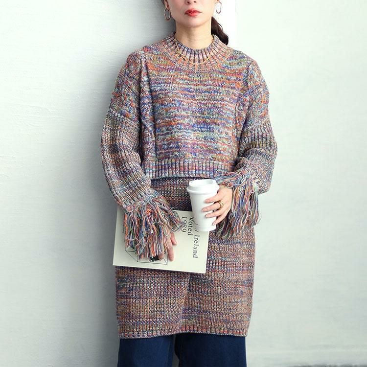大きいサイズ レディース フリンジ袖メランジチュニックニット　sw-0594 マルチ