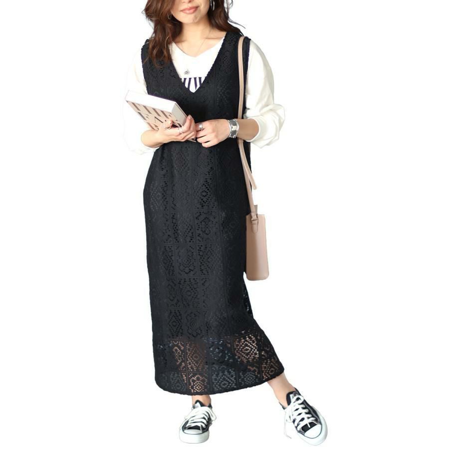 大きいサイズ レディース パネルレースワンピース　fem-434 ブラック