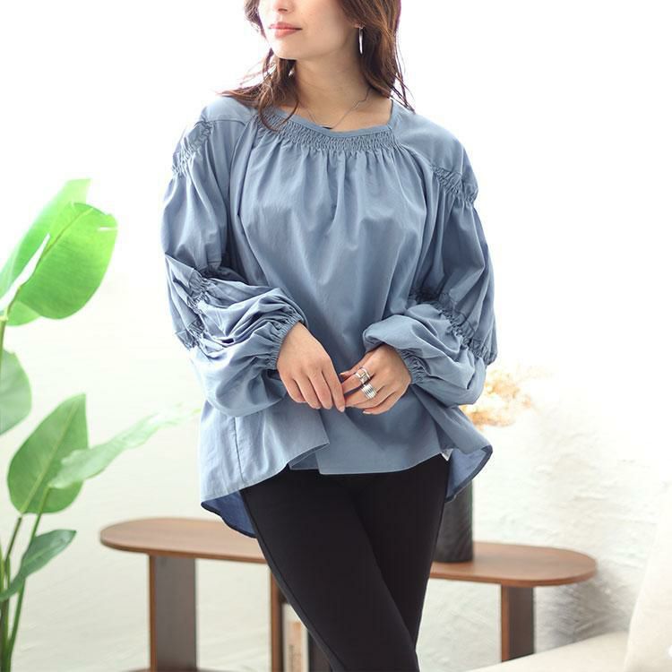 大きいサイズ レディース ボリュームスリーブシャーリングブラウス　fem-432 ブルー