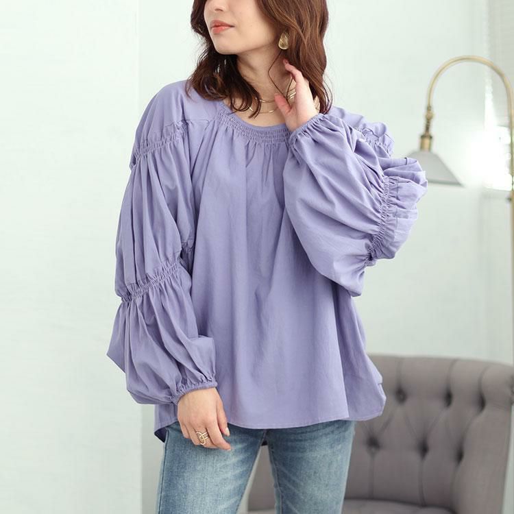 大きいサイズ レディース ボリュームスリーブシャーリングブラウス　fem-432 ラベンダー