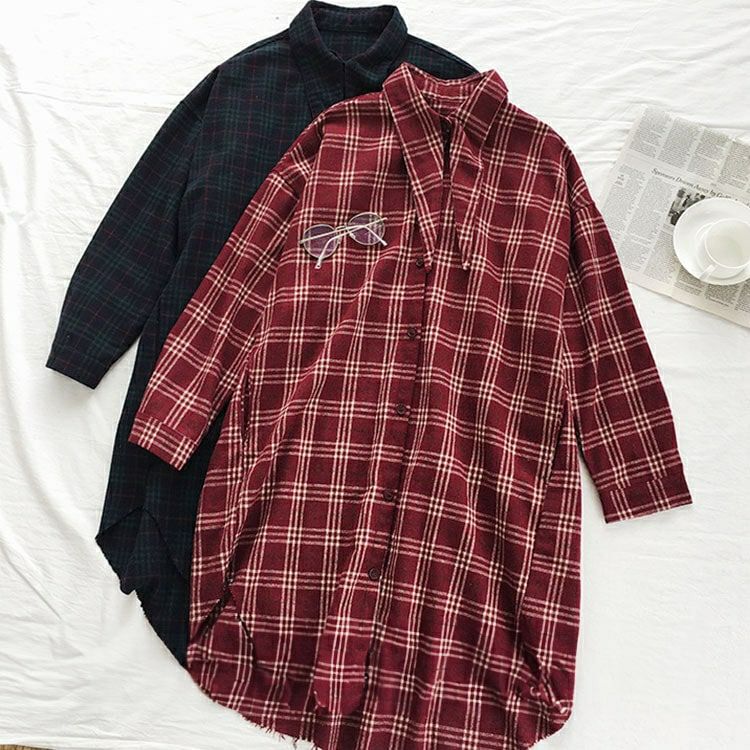 大きいサイズ レディース チェック柄ボウタイロングシャツ　sn-00015