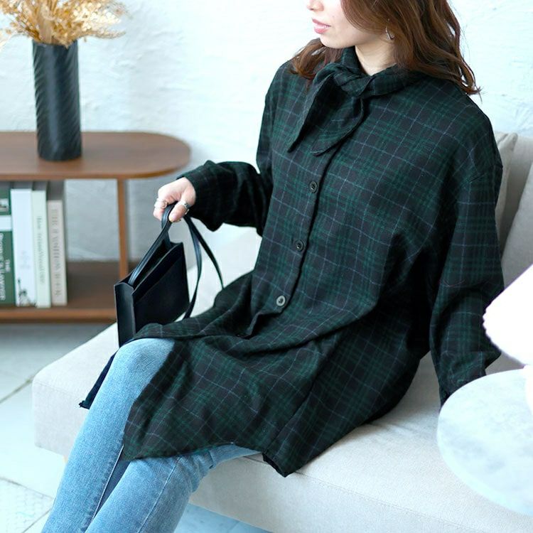 大きいサイズ レディース チェック柄ボウタイロングシャツ　sn-00015