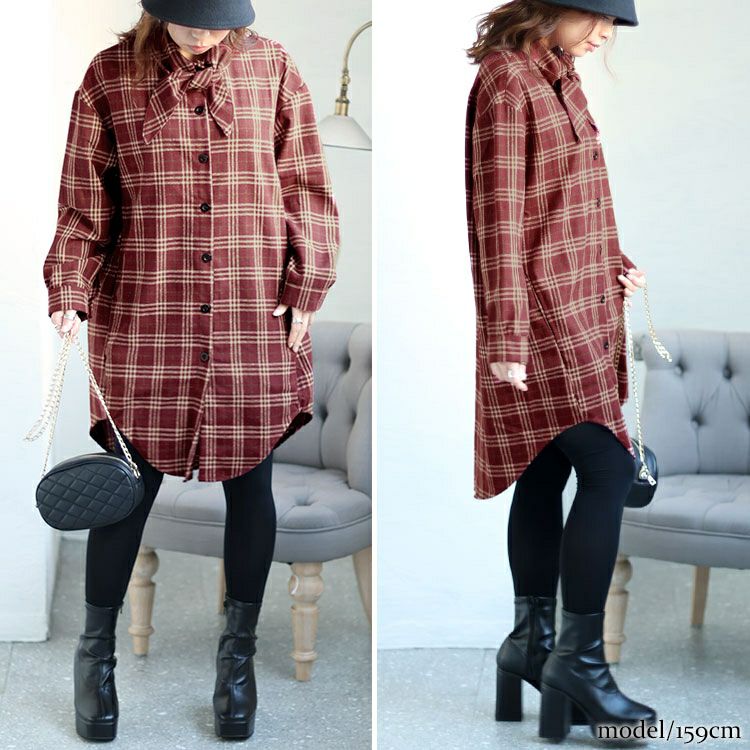 大きいサイズ レディース チェック柄ボウタイロングシャツ　sn-00015