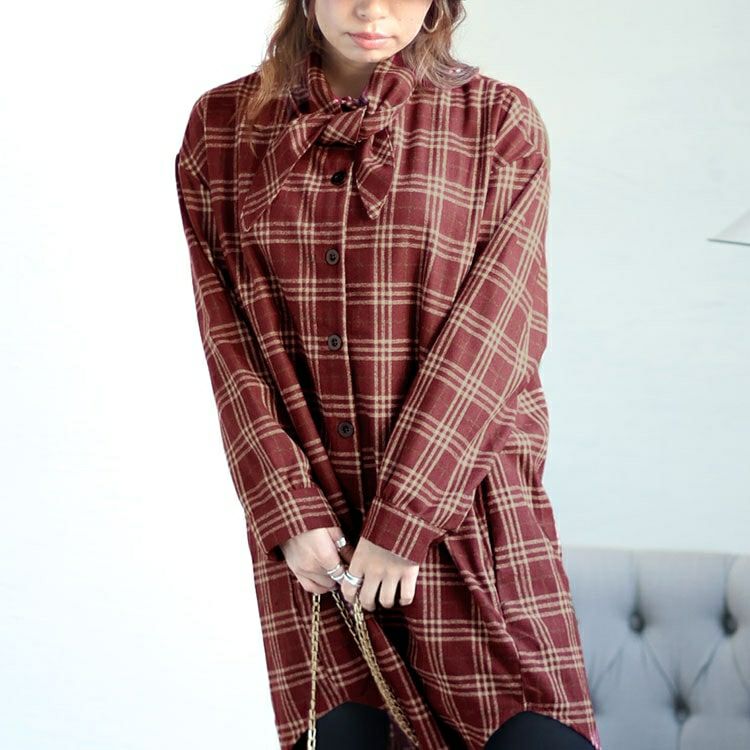 大きいサイズ レディース チェック柄ボウタイロングシャツ　sn-00015