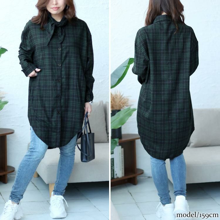 大きいサイズ レディース チェック柄ボウタイロングシャツ　sn-00015 ネイビー