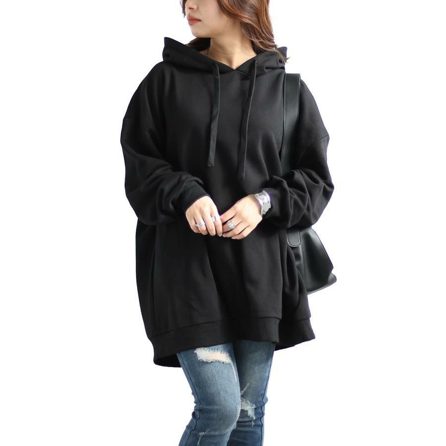 大きいサイズ レディース ビッグシルエットロングパーカー　fem-445 ブラック