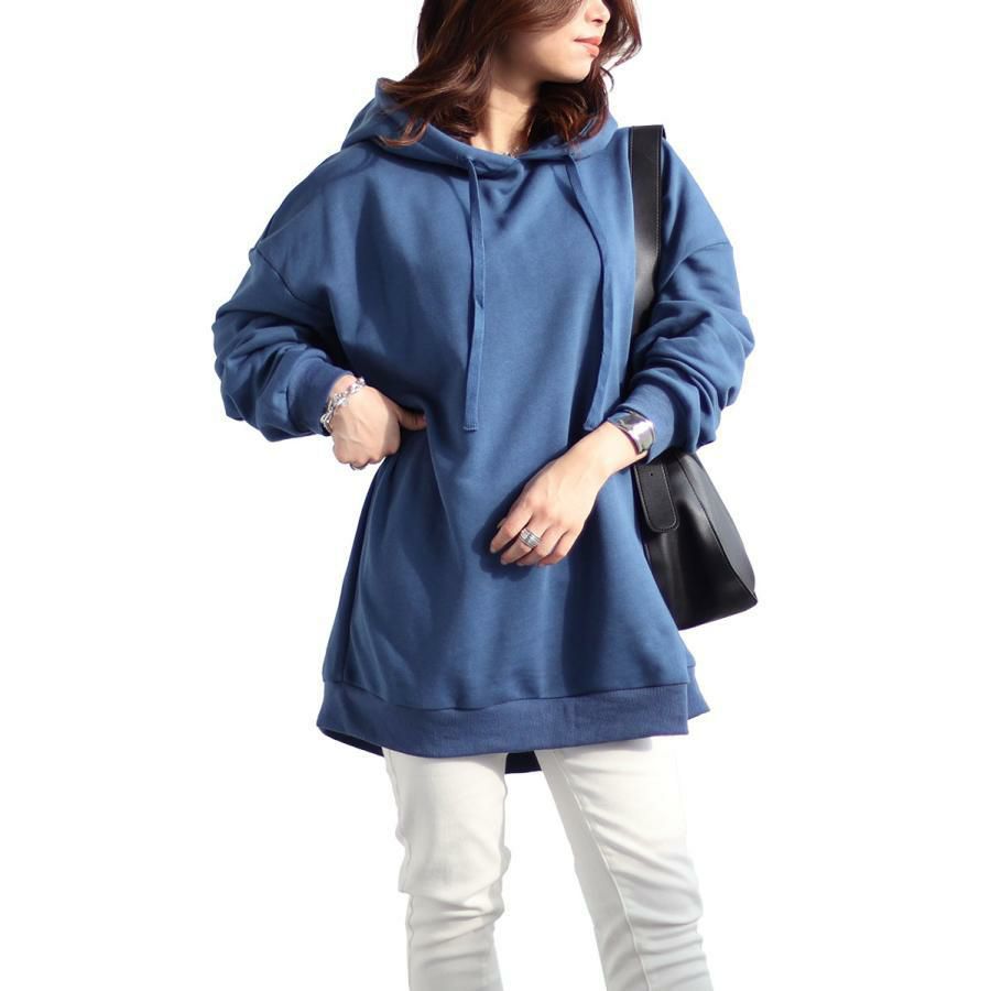 大きいサイズ レディース ビッグシルエットロングパーカー　fem-445 ブルー