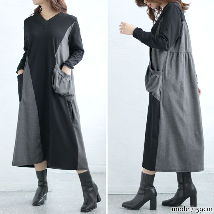 大きいサイズ レディース Vネックバイカラーワンピース　goldy-1430