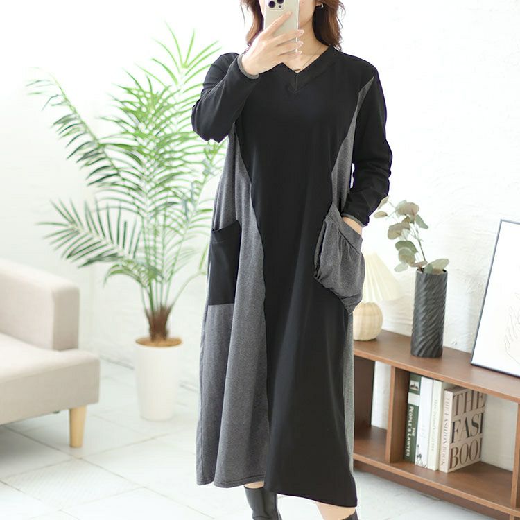大きいサイズ レディース Vネックバイカラーワンピース　goldy-1430