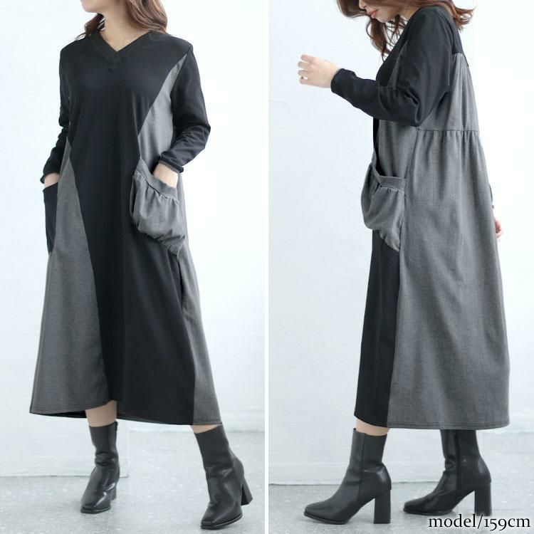 大きいサイズ レディース Vネックバイカラーワンピース　goldy-1430 グレー