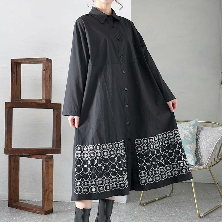 大きいサイズ レディース 刺繍柄切替えシャツワンピース　goldy-1429 【メール便可】 ブラック