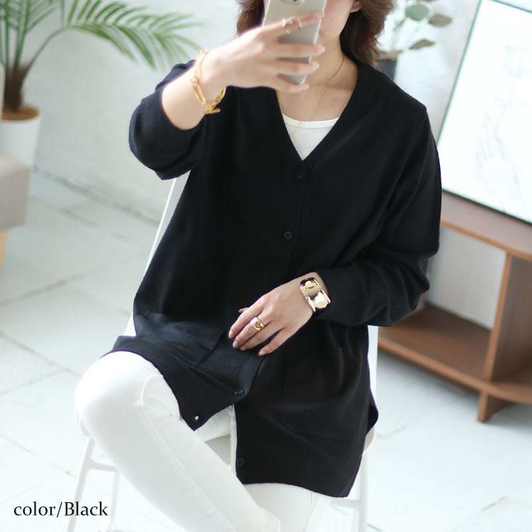 大きいサイズ レディース サイドスリットVネックニットカーディガン　cpdai-640354 ブラック
