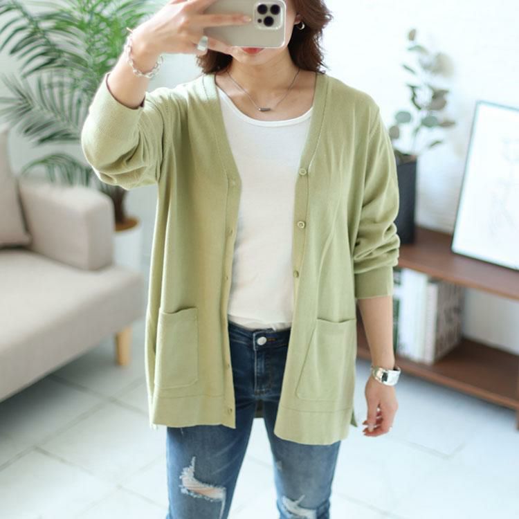 大きいサイズ レディース サイドスリットVネックニットカーディガン　cpdai-640354 グリーン