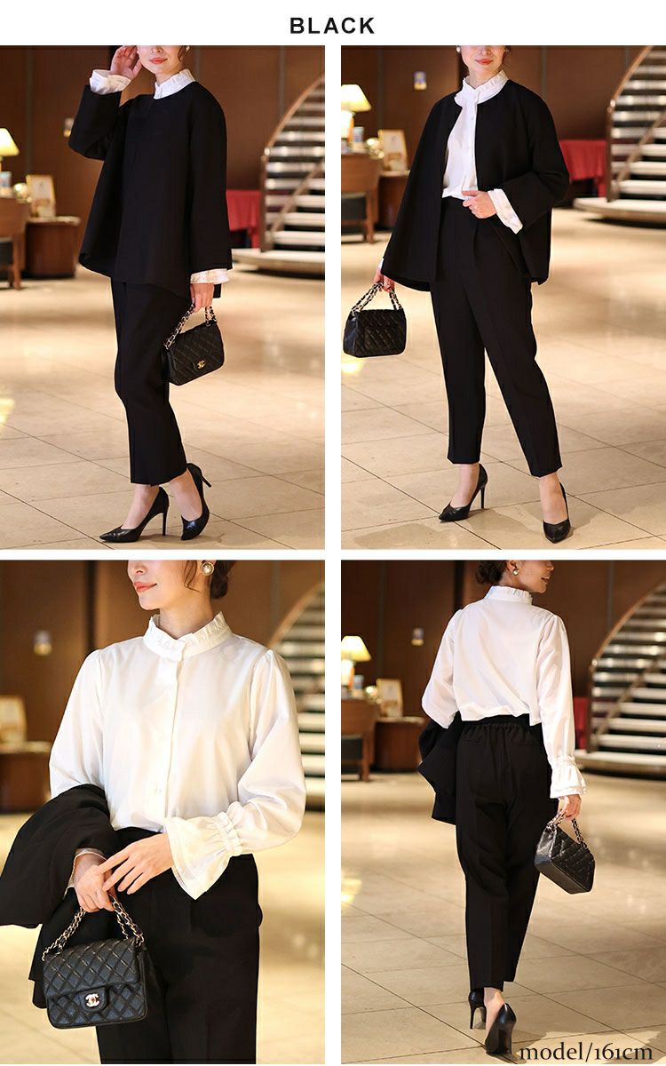 大きいサイズ レディース ノーカラージャケット＆フリルブラウス＆テーパードパンツスーツ3点セット　mnst-542238