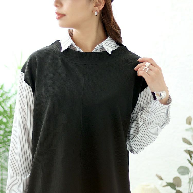 大きいサイズ レディース ストライプシャツフェイクプルオーバー　cpdai-658335 【メール便可】