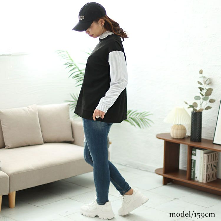 大きいサイズ レディース ストライプシャツフェイクプルオーバー　cpdai-658335 【メール便可】