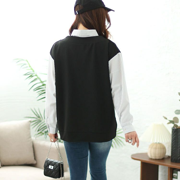 大きいサイズ レディース ストライプシャツフェイクプルオーバー　cpdai-658335 【メール便可】