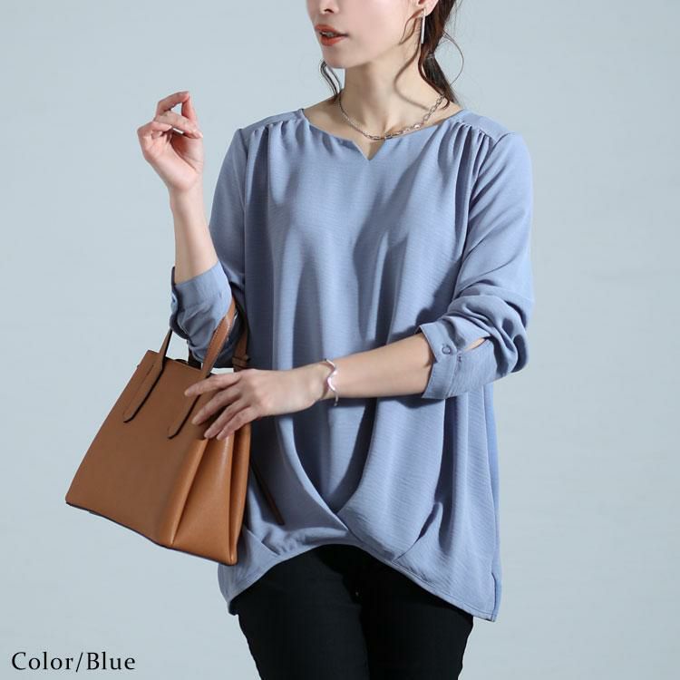 大きいサイズ レディース キーネックタケノコタックブラウス　cpdai-640346 【メール便可】 ブルー